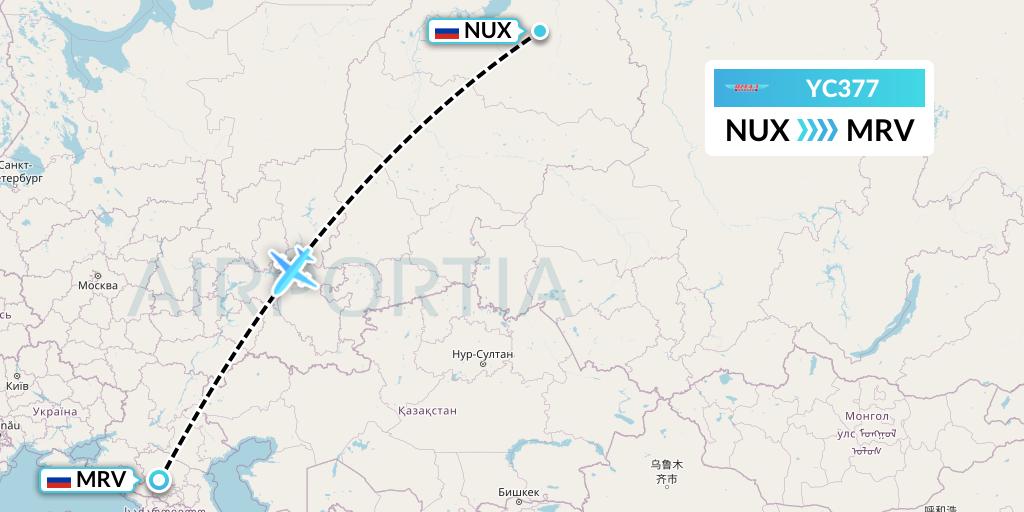 YC377 Yamal Airlines Flight Map: Novy Urengoy to Mineralnye Vody