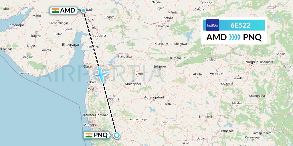 6E522 IndiGo Airlines Flight Map: Ahmedabad to Pune