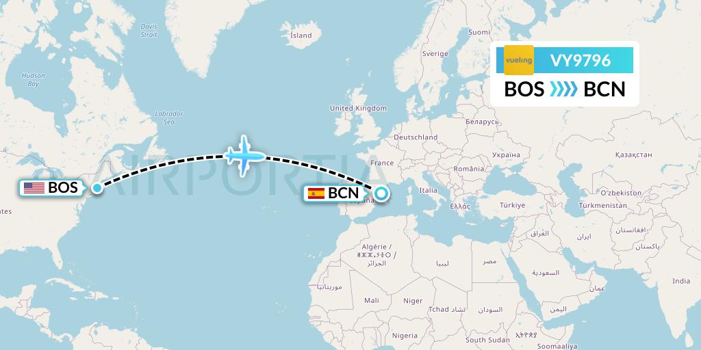 VY9796 Vueling Flight Map: Boston to Barcelona