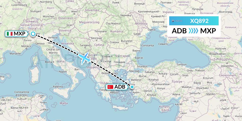 XQ892 SunExpress Flight Map: Izmir to Milan