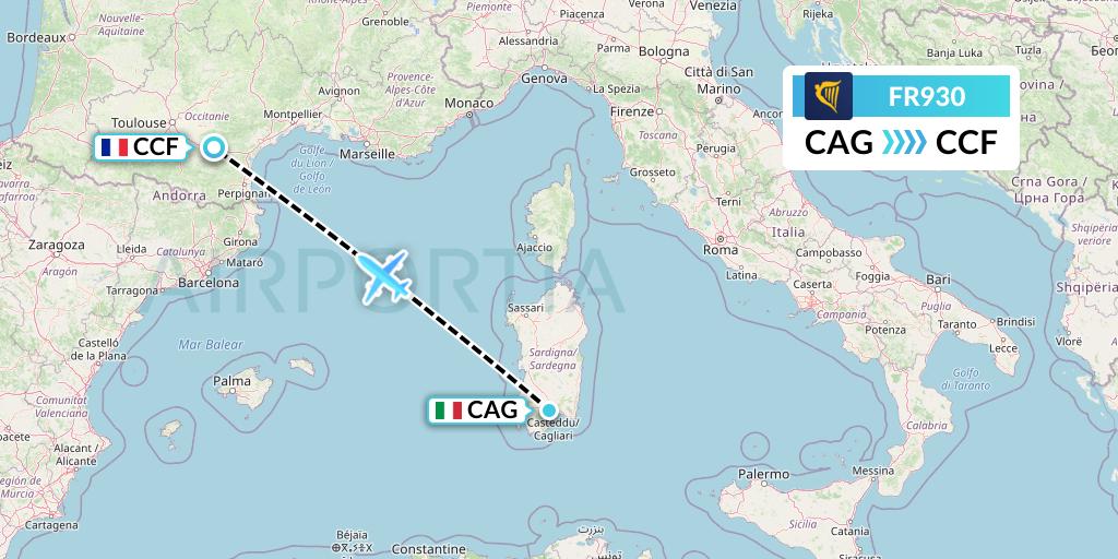 FR930 Ryanair Flight Map: Cagliari to Carcassonne