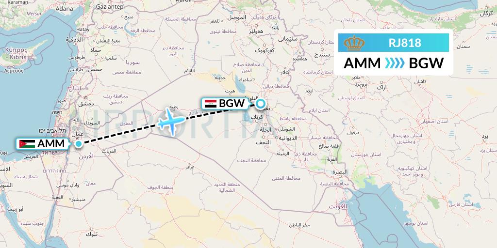 RJ818 Royal Jordanian Flight Map: Amman to Baghdad