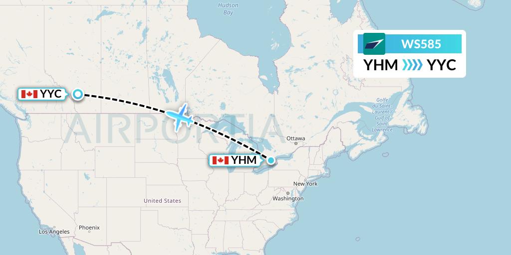 WS585 WestJet Flight Map: Hamilton to Calgary