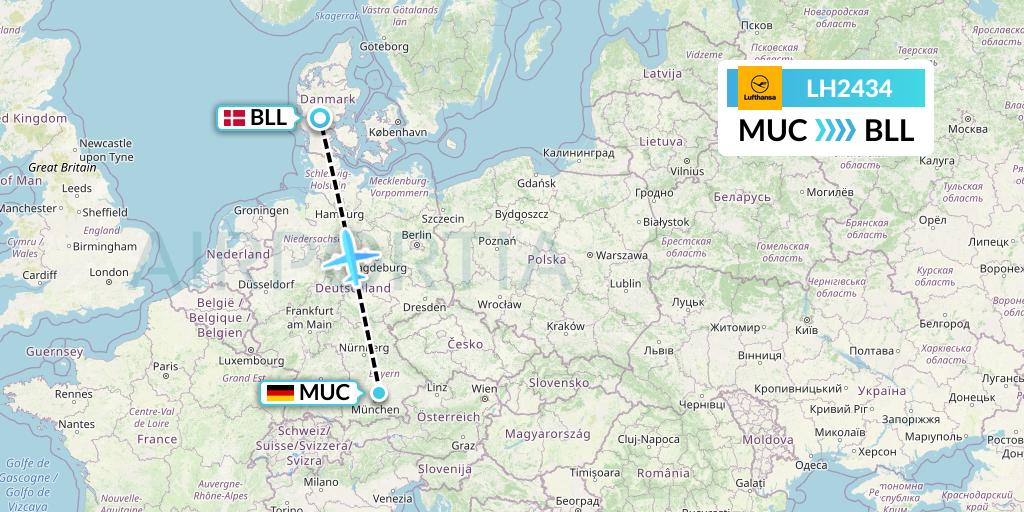 LH2434 Lufthansa Flight Map: Munich to Billund