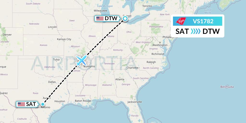 VS1782 Virgin Atlantic Airways Flight Map: San Antonio to Detroit
