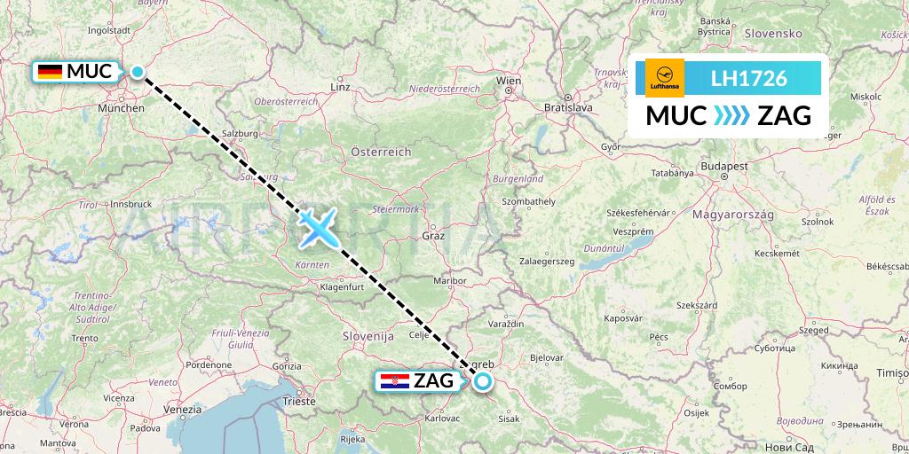 LH1726 Lufthansa Flight Map: Munich to Zagreb
