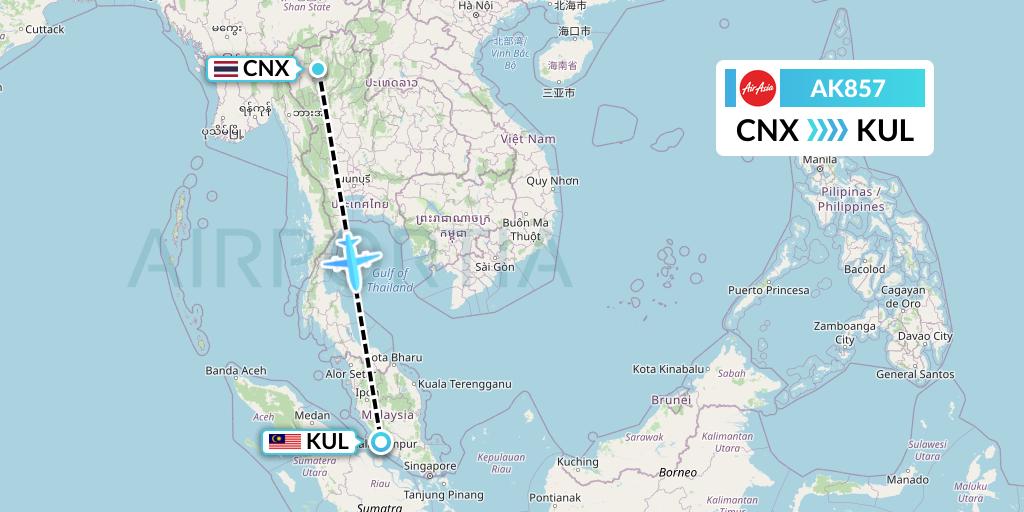 AK857 AirAsia Flight Map: Chiang Mai to Kuala Lumpur