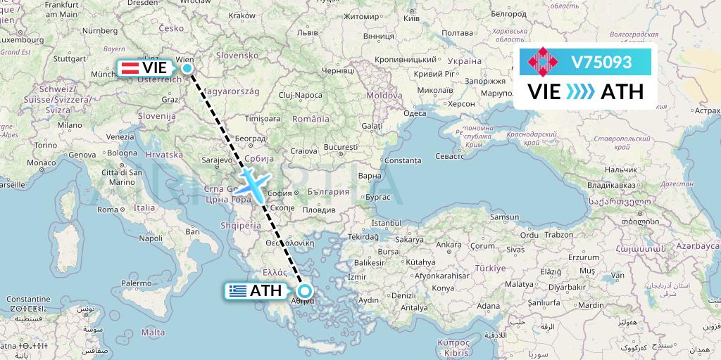 V75093 Volotea Flight Map: Vienna to Athens