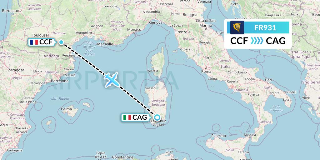 FR931 Ryanair Flight Map: Carcassonne to Cagliari