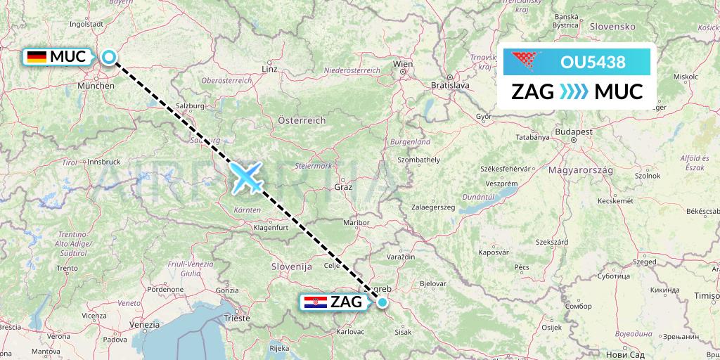 OU5438 Croatia Airlines Flight Map: Zagreb to Munich