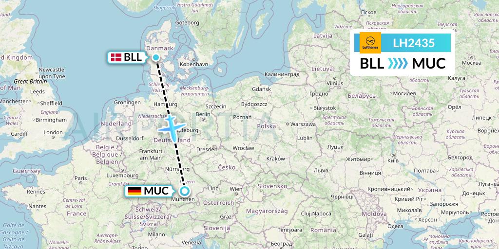 LH2435 Lufthansa Flight Map: Billund to Munich