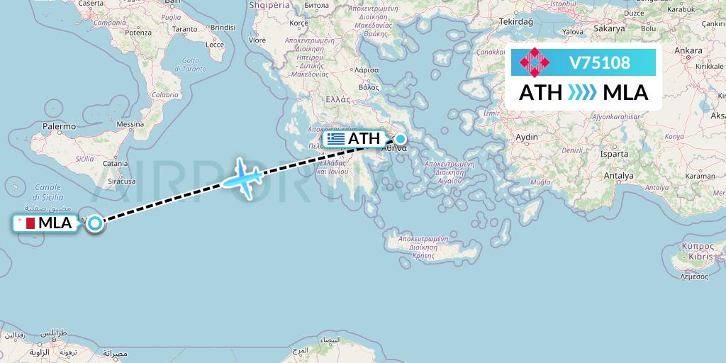V75108 Volotea Flight Map: Athens to Malta