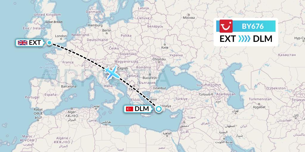 BY676 TUI Airways Flight Map: Exeter to Dalaman