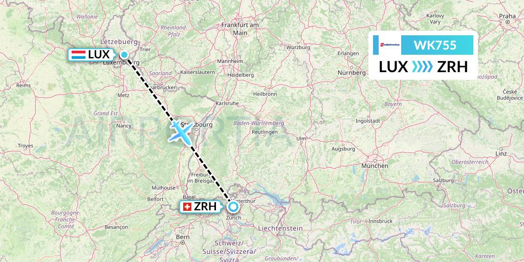 WK755 Edelweiss Air Flight Map: Luxembourg to Zurich