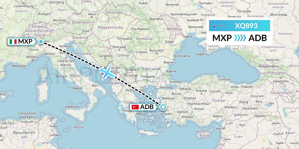 XQ893 SunExpress Flight Map: Milan to Izmir