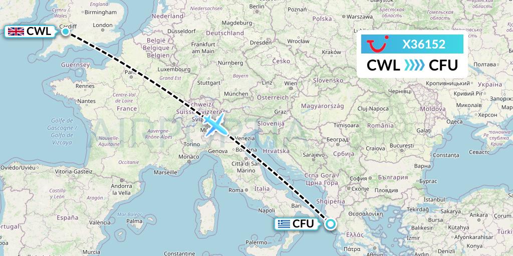 X36152 TUI fly Germany Flight Map: Cardiff to Corfu