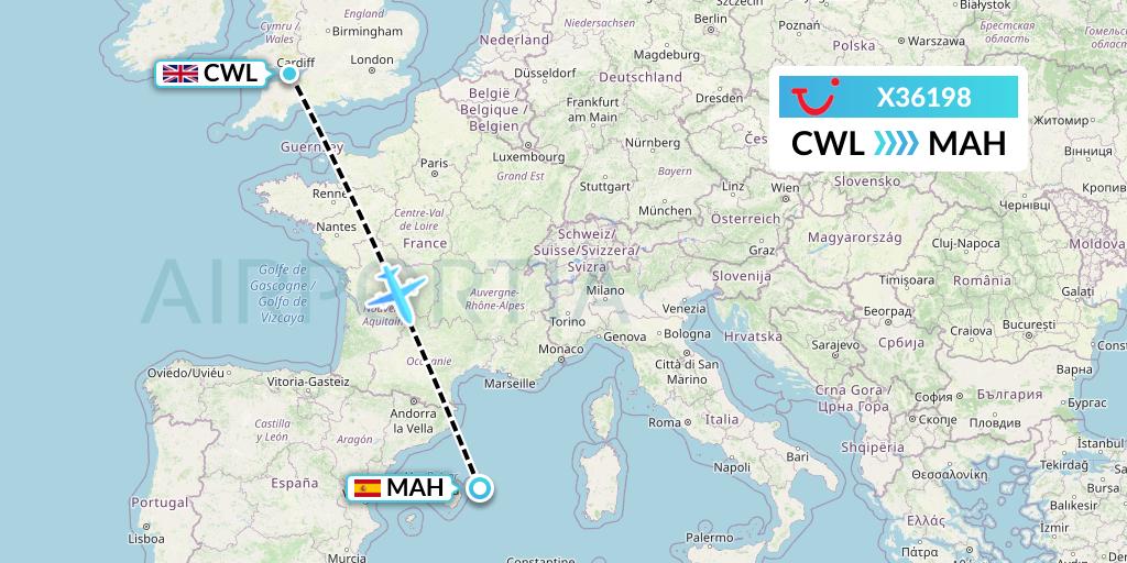 X36198 TUI fly Germany Flight Map: Cardiff to Mahon