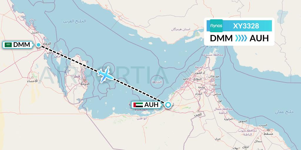 XY3328 Flynas Flight Map: Dammam to Abu Dhabi