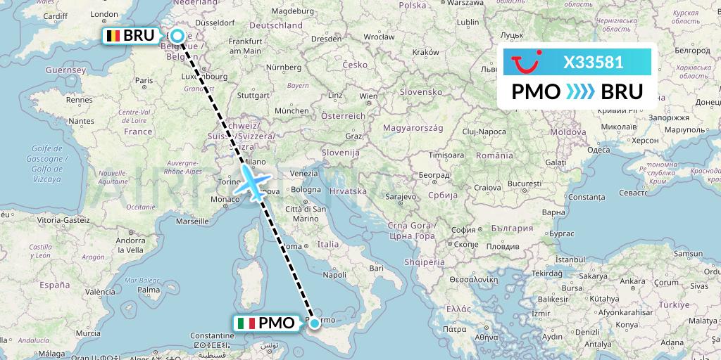 X33581 TUI fly Germany Flight Map: Palermo to Brussels