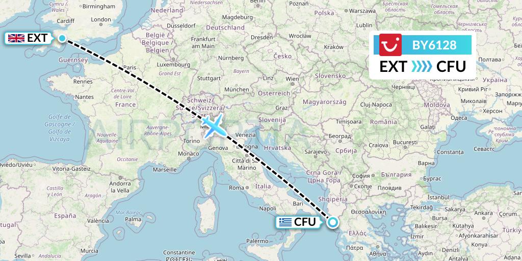 BY6128 TUI Airways Flight Map: Exeter to Corfu