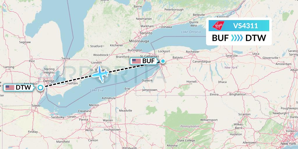 VS4311 Virgin Atlantic Airways Flight Map: Buffalo to Detroit