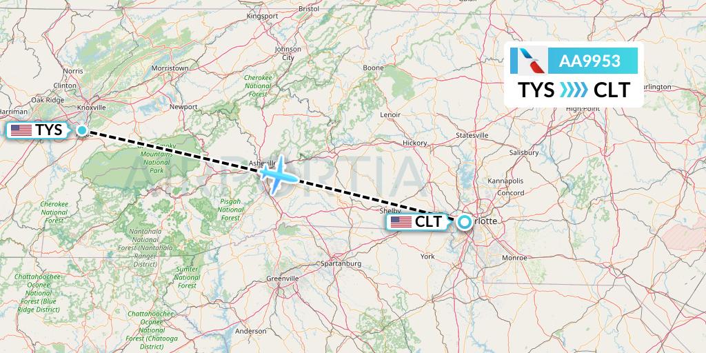 AA9953 American Airlines Flight Map: Knoxville to Charlotte