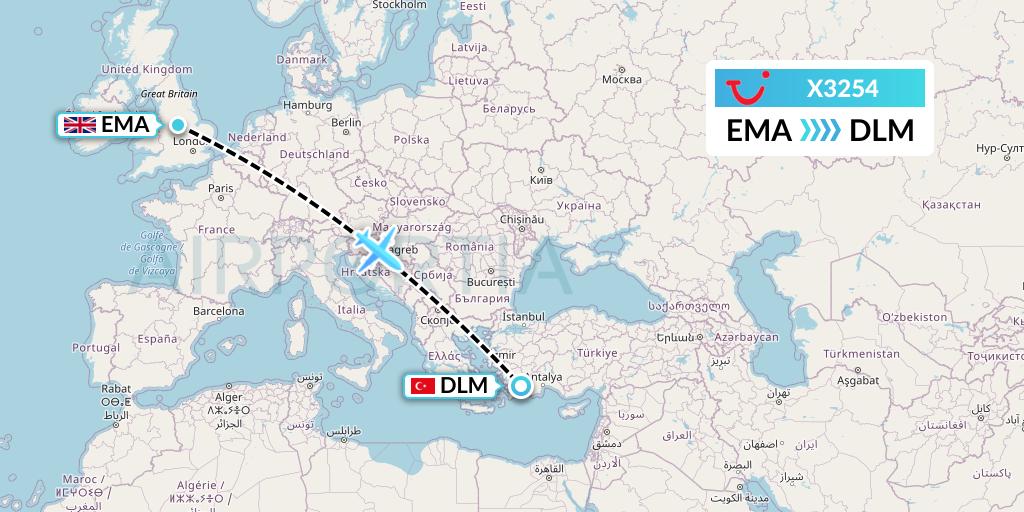 X3254 TUI fly Germany Flight Map: East Midlands to Dalaman