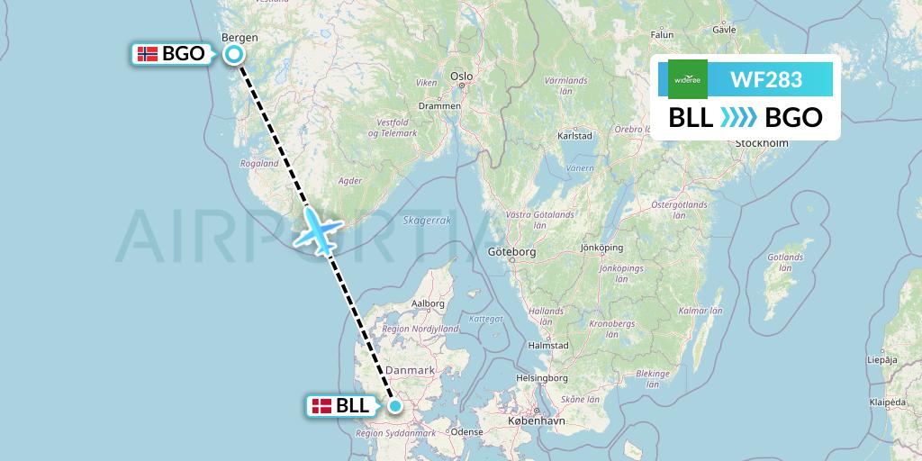 WF283 Wideroe Flight Map: Billund to Bergen