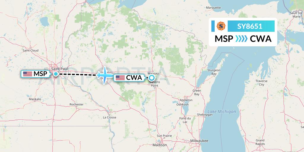 SY8651 Sun Country Airlines Flight Map: Minneapolis to Wausau