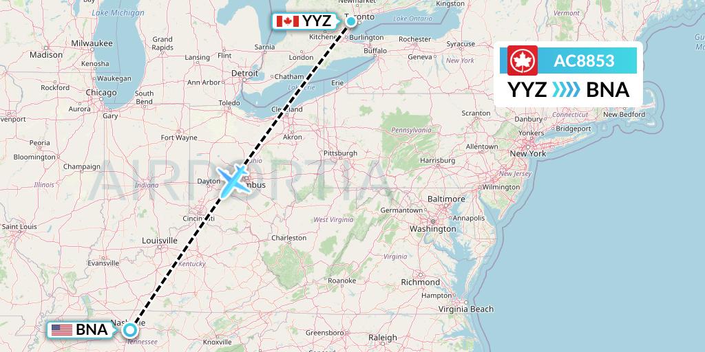 AC8853 Air Canada Flight Map: Toronto to Nashville