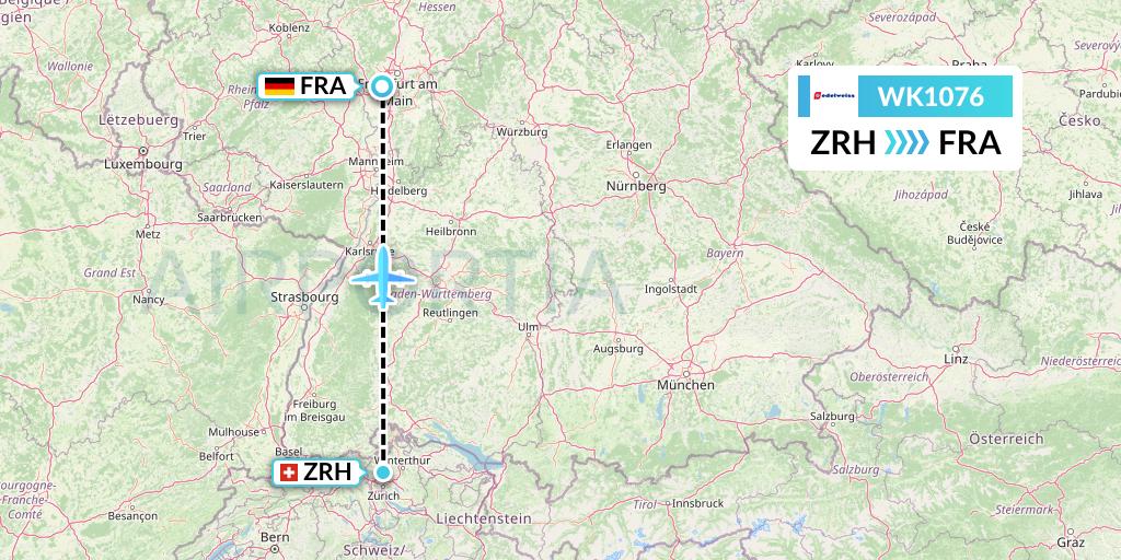 WK1076 Edelweiss Air Flight Map: Zurich to Frankfurt
