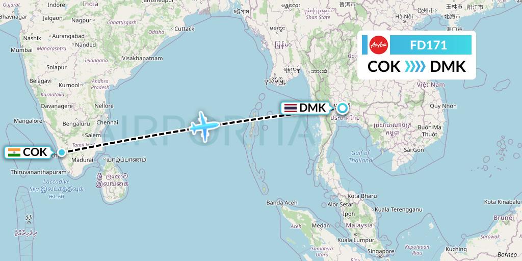 FD171 Thai AirAsia Flight Map: Cochin to Bangkok