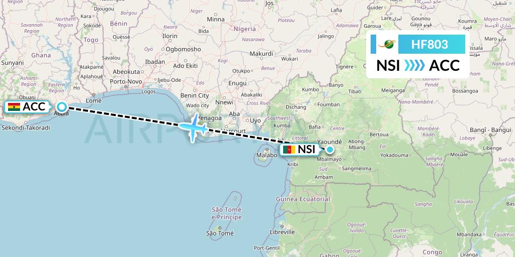 HF803 Air Cote d'Ivoire Flight Map: Yaounde to Accra