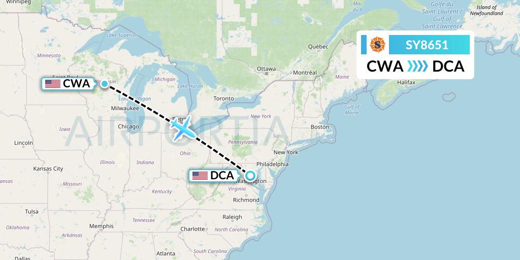 SY8651 Sun Country Airlines Flight Map: Wausau to Washington