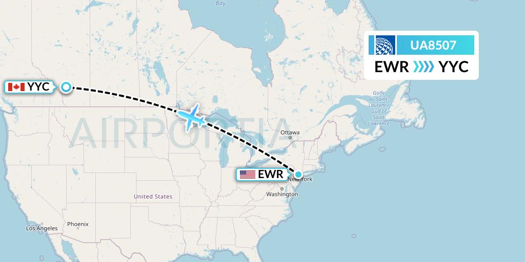UA8507 United Airlines Flight Map: New York to Calgary