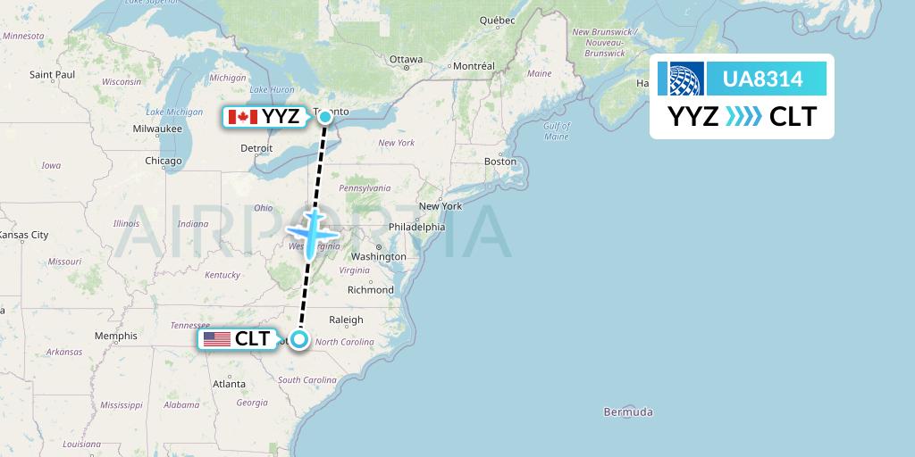 UA8314 United Airlines Flight Map: Toronto to Charlotte