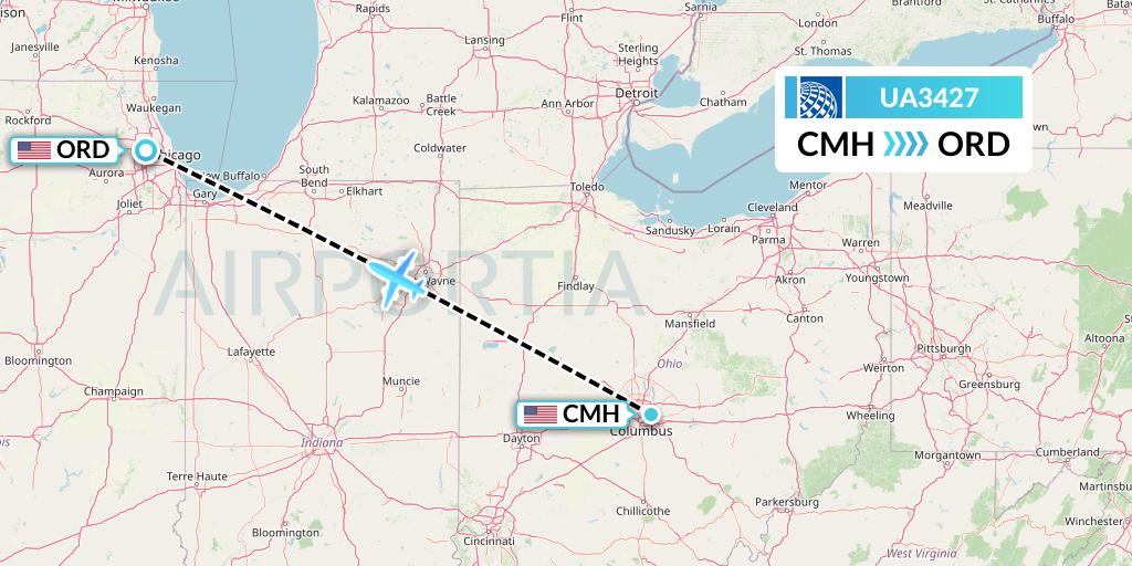 UA3427 United Airlines Flight Map: Columbus to Chicago
