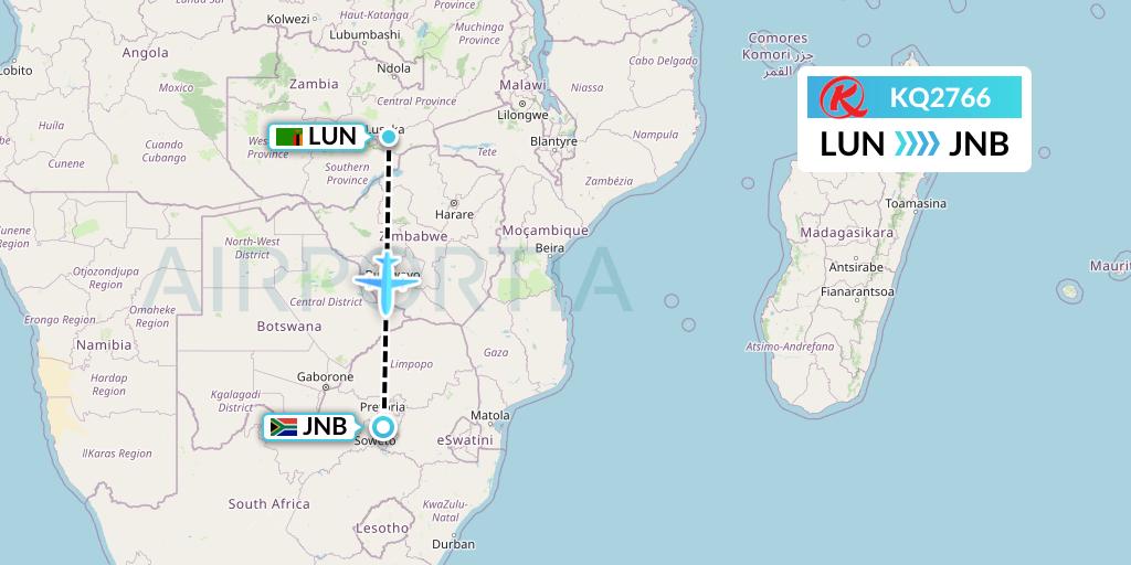 KQ2766 Kenya Airways Flight Map: Lusaka to Johannesburg