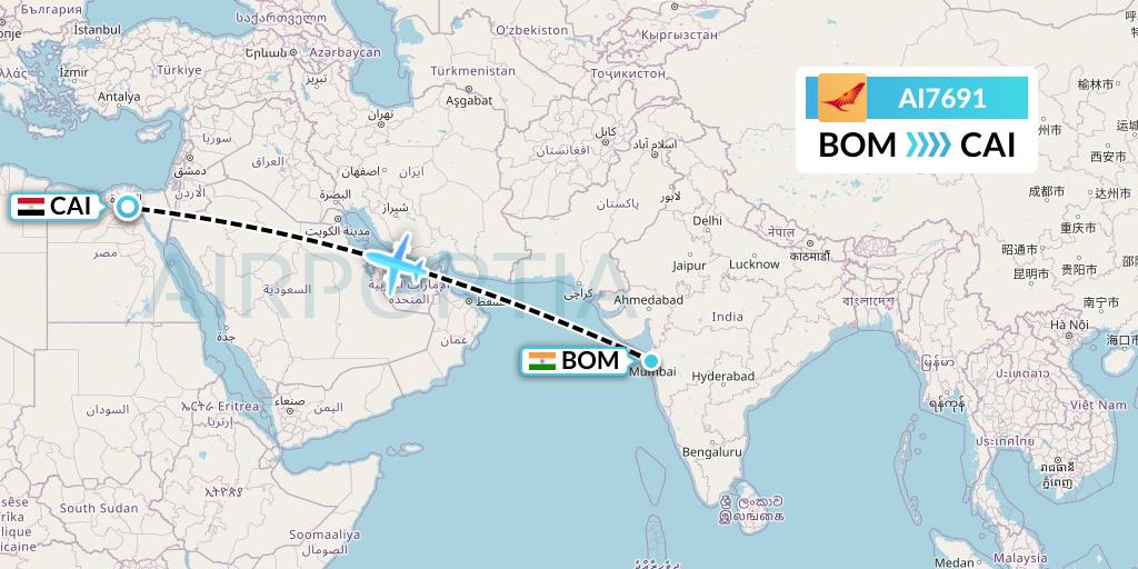 AI7691 Air India Flight Map: Mumbai to Cairo