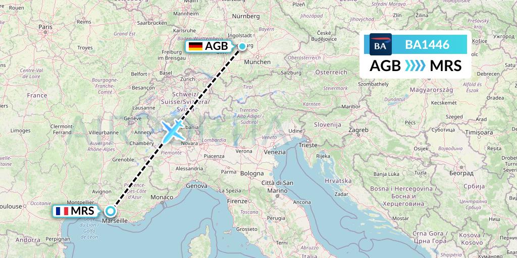 BA1446 British Airways Flight Map: Augsburg to Marseille