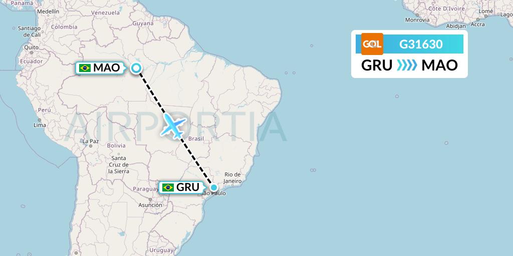 G31630 GOL Transportes Aeros Flight Map: Sao Paulo to Manaus