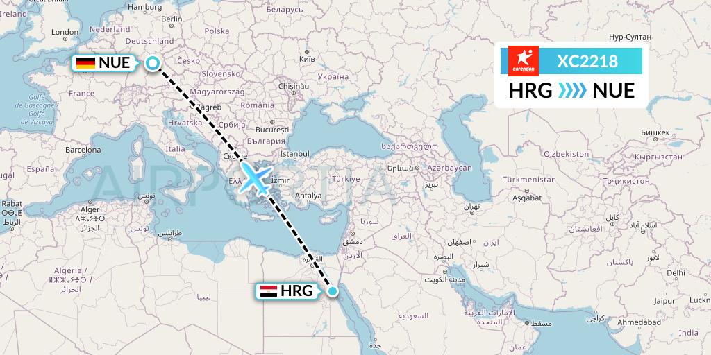 XC2218 Corendon Airlines Flight Map: Hurghada to Nurnberg