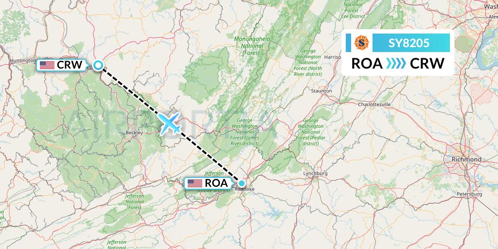 SY8205 Sun Country Airlines Flight Map: Roanoke to Charleston