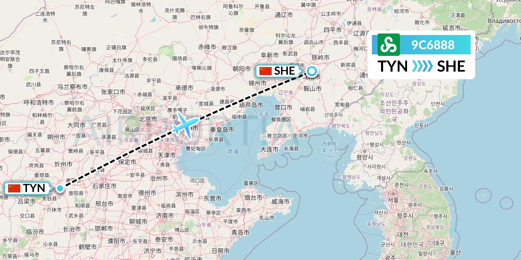 9C6888 Spring Airlines Flight Map: Taiyuan to Shenyang