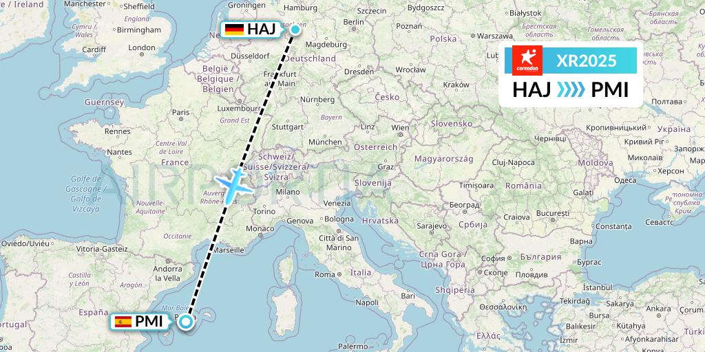 XR2025 Corendon Airlines Europe Flight Map: Hannover to Palma de Mallorca