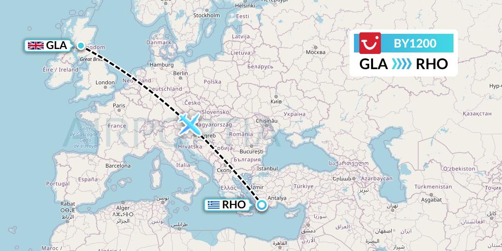 BY1200 TUI Airways Flight Map: Glasgow to Rhodes