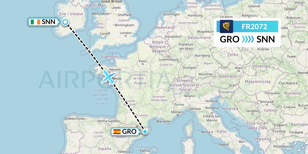 FR2072 Ryanair Flight Map: Girona to Shannon