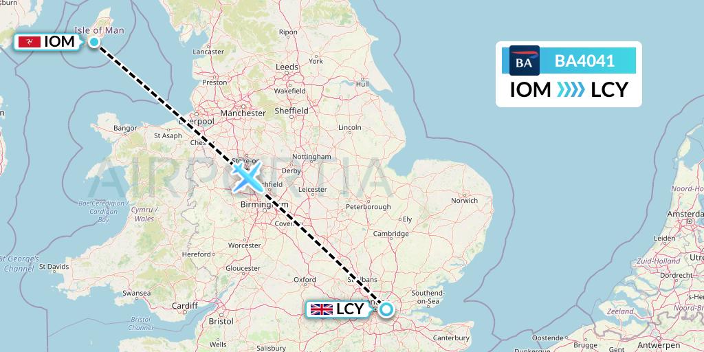 BA4041 British Airways Flight Map: Isle of Man to London