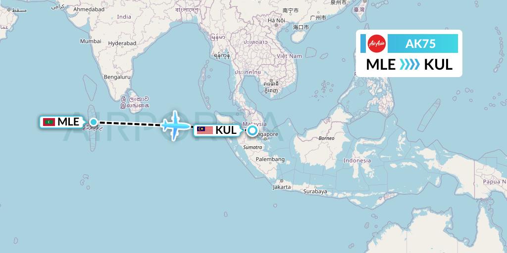 AK75 AirAsia Flight Map: Male to Kuala Lumpur