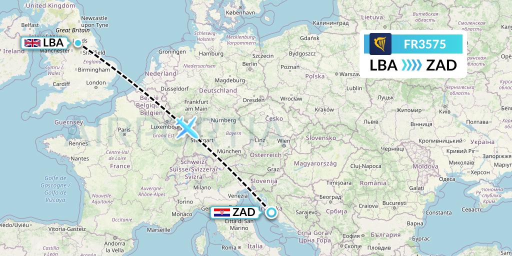 FR3575 Ryanair Flight Map: Leeds to Zadar